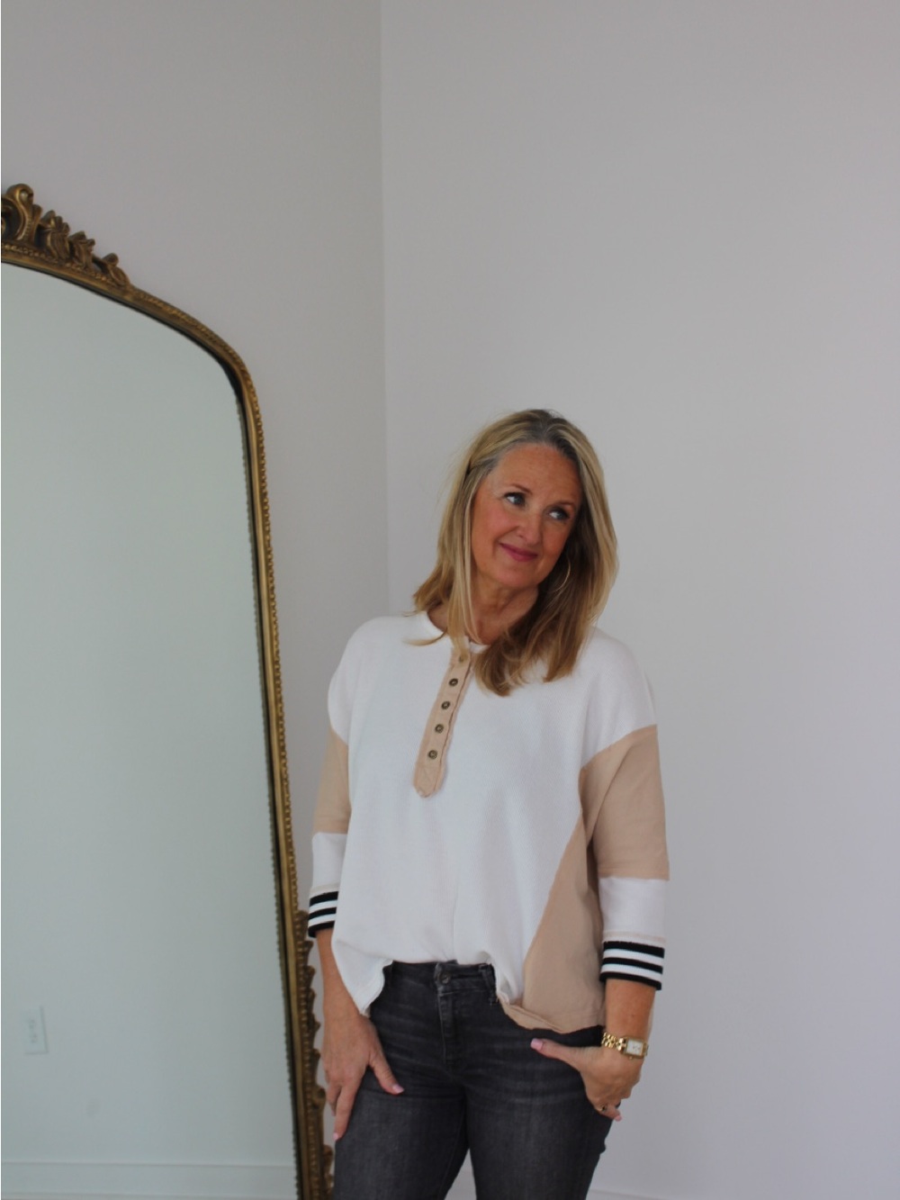 Colorblock Henley Pullover — White & Beige